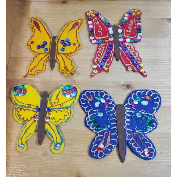 Vintage Lot Of 4 Butterfly Sequin Jewel Glitter Felt Appliqué Patches 5-6" - Picture 1 of 10